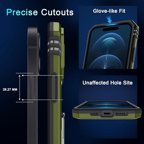 DEERLAMN Case for iPhone 15 with Slide Camera Cover + Screen Protector (2 Packs), Rotated Ring Kickstand Military Grade Shockproof Protective Cover-Olive Green