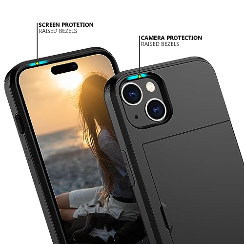 Nvollnoe Compatible with iPhone 15 Case with Card Holder Heavy Duty Protective Dual Layer Shockproof Hidden Card Slot Slim Wallet Phone Cover for Women&Men 6.1 inch(Black)