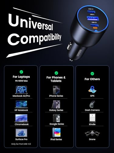 UGREEN 130W USB C Car Charger, PD 100W +PD 30W Type C Car Charger Adapter Compatible with iPhone 17/17 Air/17 Pro/17 Pro Max/16/15/14/13/12 Series, Galaxy S24 S23 Ultra, iPad, MacBook, and More