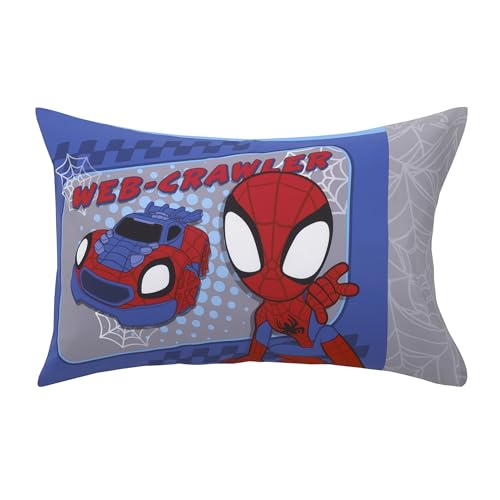 NoJo Marvel Spiderman Spidey and his Amazing Friends Spidey Time Red, Blue, and Grey 4 Piece Toddler Bed Set - Comforter, Fitted Bottom Sheet, Flat Top Sheet, and Reversible Pillowcase