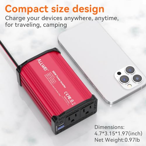 ALLWEI 300W Power Inverter 12V DC to 110V AC Car Inverter with 27W PD USB-C &18W USB-A Fast Charging, Car Charger Cigarette Lighter Adapter for Phone, Laptop and Small Devices on Road Trip-Red
