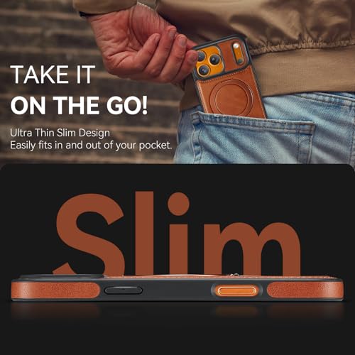 for iPhone 17 Pro Case with Stand Compatible with Magsafe, Brown | Magnetic Kickstand, with Tempered Glass Screen Protector, Durable PU Leather, Slim fit, Drop Proof Protective Phone Cover
