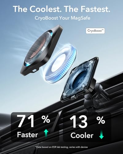 ESR for 15W MagSafe Car Mount Charger with CryoBoost, Phone Cooling MagSafe Car Charger, Air Vent/Dashboard Wireless Charging for iPhone 17e/17/16/15/14/13/12, S26/S25 Series, Pixel 10, Fast Charger