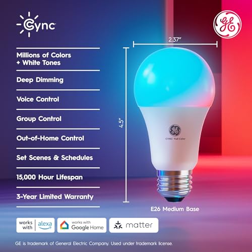 Cync GE A19 LED Smart Light Bulbs, Room Decor Aesthetic Bluetooth and WiFi Color Changing Lights, LED Indoor Light Bulb, Compatible with Alexa and Google (2 Pack)
