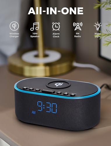 Odokee Wireless Charging Alarm Clock Radio: Qi Certified Fast Wireless Charger for iPhone Samsung - 10W Stereo Bluetooth Speaker - Dimmable Digital Clock with FM Radio for Bedroom Black