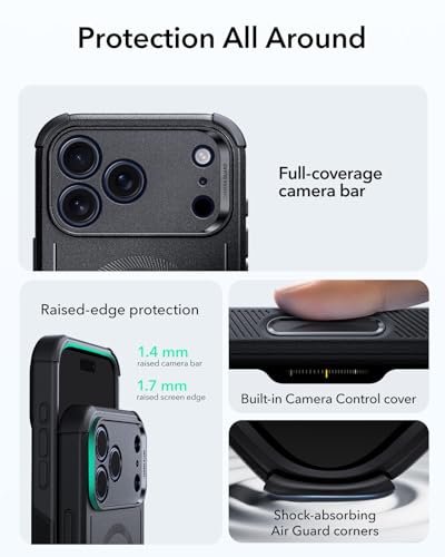 ESR for iPhone 17 Pro Phone Case, 23ft Military-Grade Drop Protection, Shock-Absorbing Rugged Cover, MagSafe Accessories Compatible, Cyber Series, Black