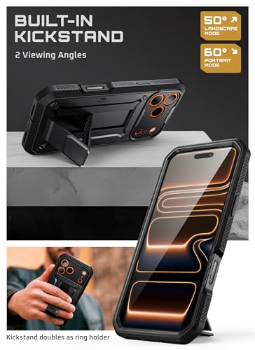 SUPCASE for iPhone 17 Pro Case with Camera Control Button (Unicorn Beetle Pro), [Built-in Kickstand & Screen Protector] [Military-Grade Protection] Full Body Heavy Duty Phone Case, Black