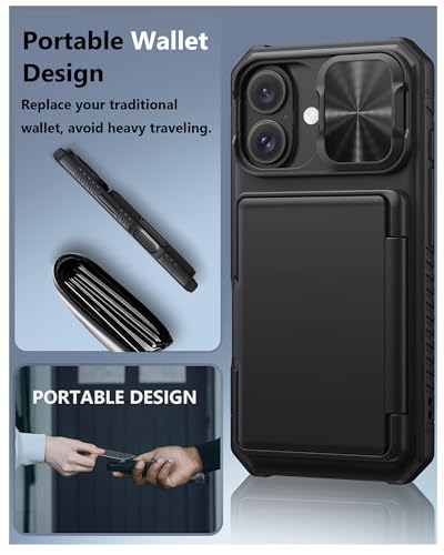 ATATOO for iPhone 16 Case with Card Holder (Store 3-5 Cards) [RFID Blocking] & Slide Camera Cover, Military Grade Protection, Rugged Silicone Wallet Case for iPhone 16 6.1" 2024, Black