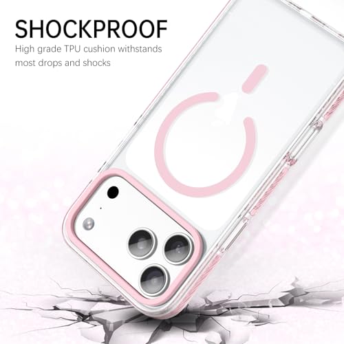 BENTOBEN Magnetic for iPhone 17 Pro 6.3" Case, Compatible with Magsafe Military Shockproof Protective Cute Transparent Slim Anti-Yellowing Phone Case for iPhone 17 Pro Cover, Clear Pink