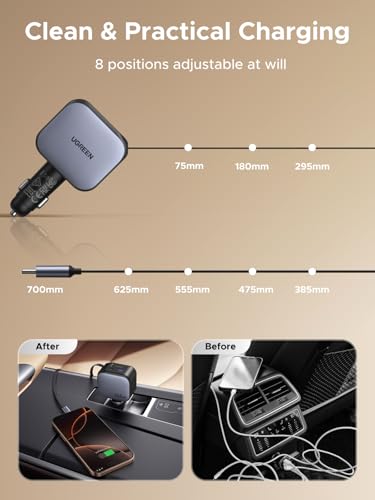 UGREEN 145W 4-Port Retractable Car Charger, 3C1A USB C Fast Charger with 60W Retractable Cable, Cigarette Lighter Adapter Compatible with MacBook Pro, iPhone 17/16, Galaxy S25/S24 Ultra, iPad, Laptop