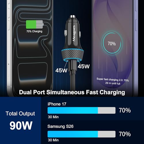 2 Pack 90W USB C Car Charger Super Fast Charging for iPhone 17 Pro Max/Air/16/15/iPad, Samsung S26 Android Phone, Dual 45W PD Port Auto Accessories, 12V Cigarette Lighter Adapter + 3.3 ft Type C Cord