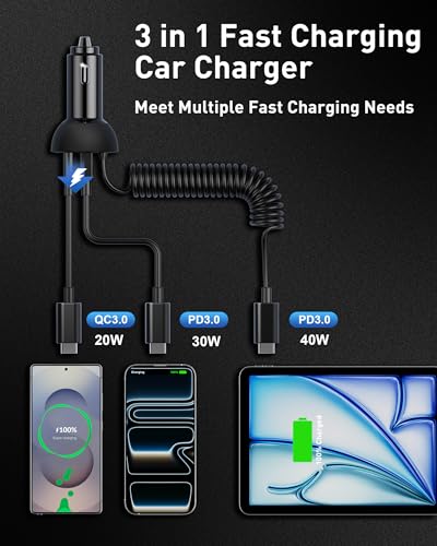 iPhone 17 16 15 Pro Max Car Charger Fast Charging, 90W 3-Port Car Charger USB C Fast Charge Cigarette Lighter Adapter with 4FT Coiled USB C Cable for iPhone 17/17 Pro Max/17e/Air/16/15 Pro/Plus, iPad