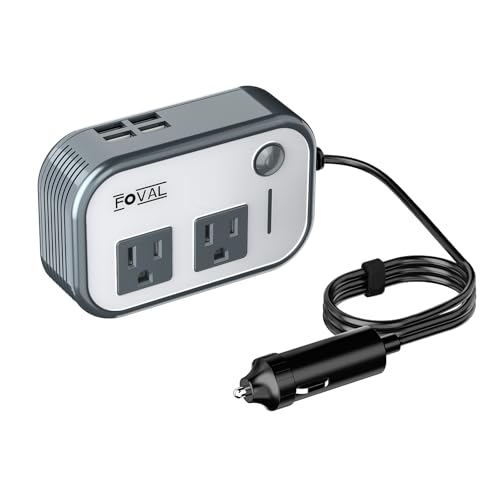 200W Car Power Inverter, FOVAL 12V DC to 110V AC Car Inverte with 4 USB Ports Car Outlet Adapter, Power Inverter for Vehicles, Car Plug Adapter Outlet for Laptop Computer Charger (Gray)