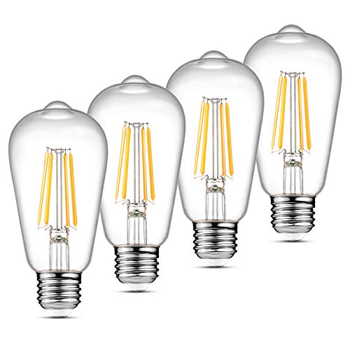 Ascher Vintage LED Edison Bulbs, 6W, Equivalent 60W, Non-Dimmable, High Brightness Warm White 2700K, ST58 Antique LED Filament Bulbs with 80+ CRI, E26 Medium Base, Clear Glass, Pack of 4
