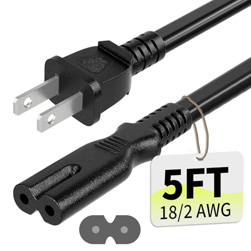 2 Prong AC Power Cord 5Ft Black, Universal Power Cable Replacement for Sony PS5/PS4/PS3 Slim, PlayStation 5 4 3, Xbox One X/S, Xbox Series X/S, TV, Printer-ETL Listed