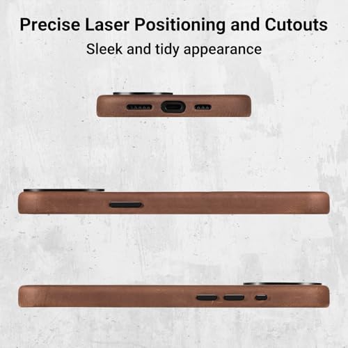 Belemay Compatible with iPhone 15 Pro Leather Case Magsafe - Top Grain Vintage Crazy Horse Leather - Metal Buttons & Camera Bezel Bump - Slim Fit & Soft - Premium Phone Cover (6.1-inch) Retro Brown