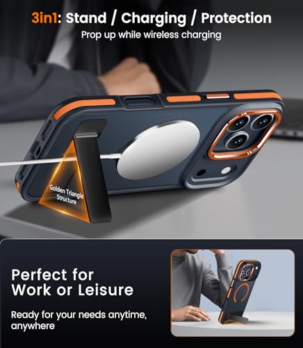 MAKAVO Magnetic for iPhone 17 Pro Case with Stand, Compatible with MagSafe, Slim Translucent Matte Military-Grade Drop Protection Phone Cover, Orange