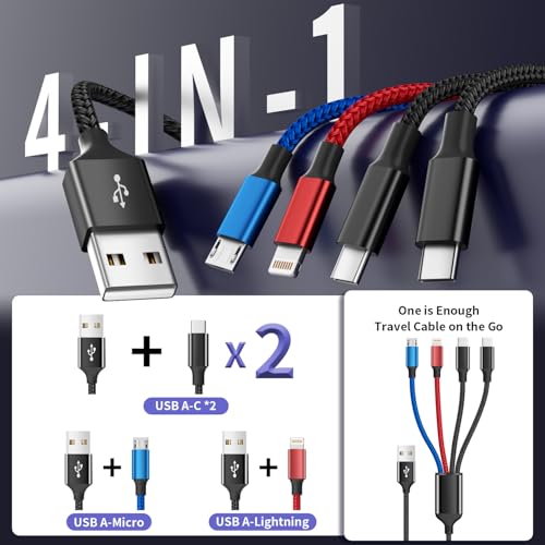 Dual Type-C 4 in 1 Multi Charging Cable for iPhone 17/ Galxy S26, Travel Cruise Essentials, USB Cable iPhone Charger Cord, Charging Cords for iPhone17-8/Androids/iPad and More, Car Charger (2Pack 5FT)