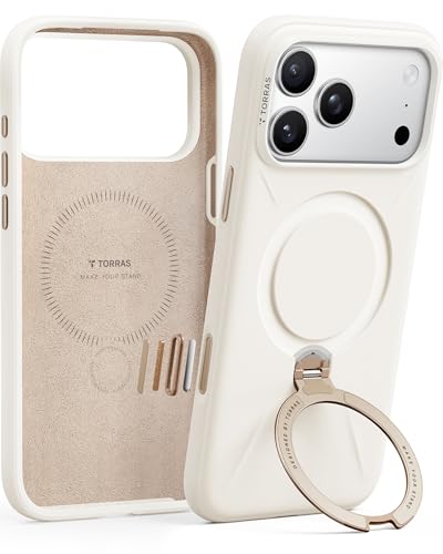 TORRAS Q3 Silicone for iPhone 17 Pro Case with Stand, Fit for MagSafe, Magnetic 360 Spin Kickstand with Camera Control, Liquid Silicone Rubber Soft Phone Case for iPhone 17 Pro, Light Ivory