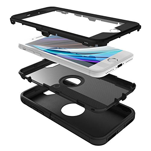MXX Case Designed for iPhone SE 2020 / SE 2022 Heavy Duty Protective Case with Screen Protector [3 Layers] Rugged Rubber Shockproof Protection Cover & Rotating 360 Degree Belt Clip (Black)