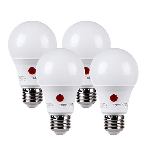 TORCHSTAR Dusk to Dawn Light Bulbs Outdoor, Sensor A19 LED Light Bulb, Auto on/Off Photocell Automatic for Outdoor Lighting, UL FCC DOE, 5000K, Pack of 4