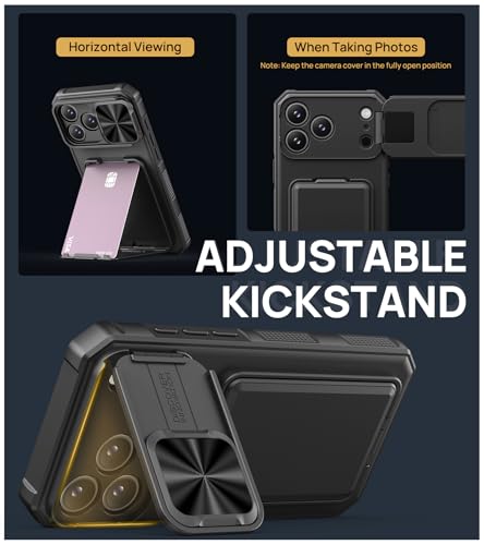 SSLOTSCASE for iPhone 17 Pro Max Case with Card Holder & Kickstand, Black | Slide Camera Lens Cover & Camera Stand & Wallet, Military-Grade Heavy Duty Phone Case Cover for iPhone 17 Pro Max 5G 2025