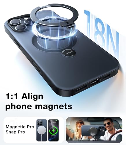 TORRAS Upgraded 360 Spin Magnetic Stand for iPhone 16 Pro Case, Fit for MagSafe, Built-in Kickstand, Camera Control, Mil-Grade Protective Soft Edge Translucent Case for iPhone 16 Pro, Black 6.3''