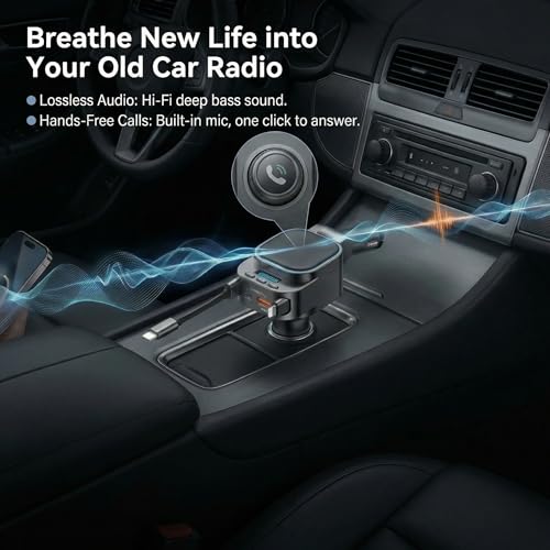 Bluetooth Car Adapter FM Transmitter, 96W Retractable Charger, 4-in-1 Bluetooth 5.3 USB C Aux Adapter for Music & Hands-Free Calls, Wireless Radio Receiver for iPhone 17 16 15 SUV Truck RV
