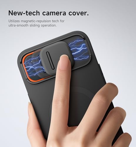 SURITCH for iPhone 14 Plus/15 Plus Case with Magnetic Camera Slide Cover and Adjustable Kickstand, Compatible with MagSafe, Shockproof Bumper Case Slim Protective Cover 6.7 Inch, Black
