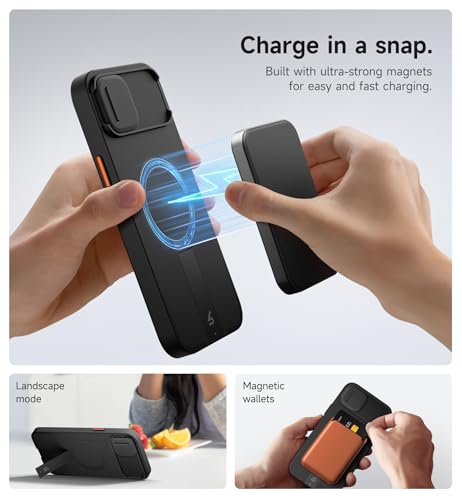 SURITCH for iPhone 14 Plus/15 Plus Case with Magnetic Camera Slide Cover and Adjustable Kickstand, Compatible with MagSafe, Shockproof Bumper Case Slim Protective Cover 6.7 Inch, Black