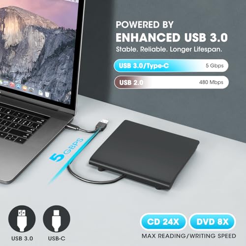 ROOFULL External CD DVD +/-RW Drive for Laptop Mac, USB 3.0 & USB-C CD DVD Disc Reader Writer Burner CD-ROM Portable DVD Player with Carrying Case for Windows 11/10 PC MacBook Pro Linux Computer