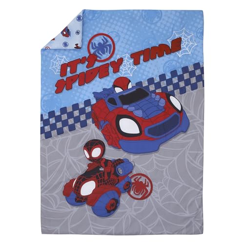 NoJo Marvel Spiderman Spidey and his Amazing Friends Spidey Time Red, Blue, and Grey 4 Piece Toddler Bed Set - Comforter, Fitted Bottom Sheet, Flat Top Sheet, and Reversible Pillowcase