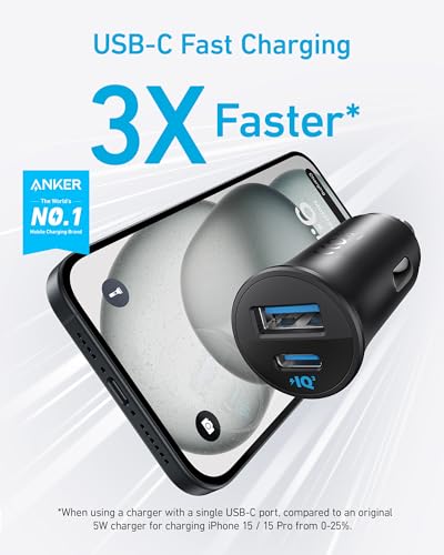 Anker USB-C Car Charger, 30W 2-Port Type-C Car Adapter, iPhone Car Charger with Power IQ 3.0, for iPhone 17/16/15/14/13 Series, Samsung Galaxy S25/S24/S23/S22/S21 Series, iPad Pro, AirPods, and More