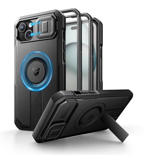 Dexnor for iPhone 15 Plus/14 Plus Case with Slide Camera Cover & Adjustable Kickstand & Built-in Screen Protector, Magsafe Rugged Shockproof Bumper Cases Heavy-Duty Magnetic Protective Cover,Black