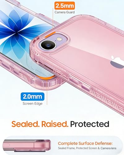 Lifedance Rugged Full-Body Case for iPhone 17e/16e, Built-in Screen Protector, 10FT Military Drop Tested, Clear Shockproof Phone Case Cover for iPhone 17e & 16e, Clear Pink