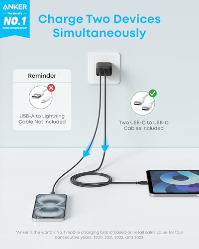Anker iPhone Charger, 2-Pack 20W Fast USB C Charger Block, Type C Charger Fast Charging for iPhone 17/17 Pro Max/16 Series/iPad Pro and More (Black, 2 Pack & 2 Cable)