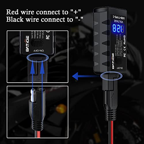 Motorcycle USB Charger SAE to USB Adapter Type C and Quick Charge USB 3.0 with Voltmeter, ON/Off Switch and 3.6FT SAE Extension Cable Waterproof 3 Install Options for GPS Smartphone Camera