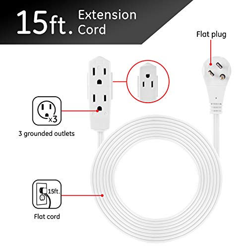 GE 3-Outlet Flat Extension Cord 15 Ft Grounded Extension Cord with Multiple Outlets 3 Prong Outlet Extender Flat Plug Power Strip Indoor 16 Gauge UL Listed White 56986