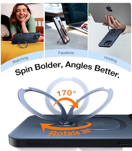 TORRAS Upgraded 360 Spin Magnetic Stand for iPhone 16 Pro Case, Fit for MagSafe, Built-in Kickstand, Camera Control, Mil-Grade Protective Soft Edge Translucent Case for iPhone 16 Pro, Black 6.3''