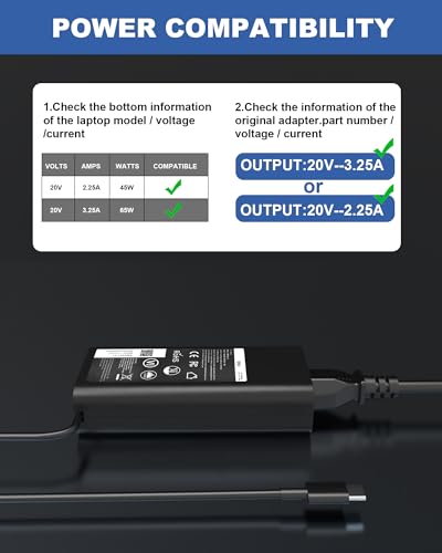 65W USB C AC Adapter Laptop Charger Compatible with Dell Latitude 3450 5520 7420 5420 5550 5450 5440 5430 5540 5530 7440 Inspiron 14 16 XPS 13 Chromebook 3100 Computer Type C Power Cord