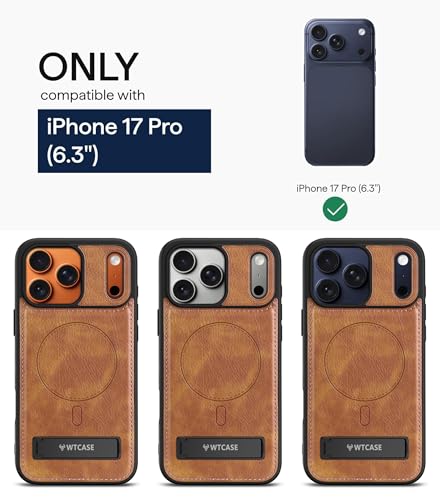 WTCASE Magnetic for iPhone 17 Pro Leather Case,Built-in Invisible Stand [Compatible with Magsafe] Protective Slim Kickstand Phone Cover for iPhone 17 Pro Case, Brown