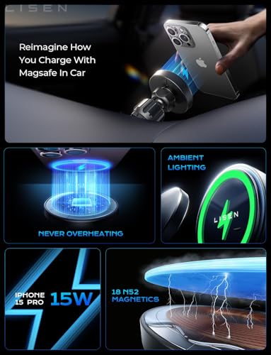 LISEN for 15W MagSafe Car Mount Charger, Magnetic Wireless Car Charger, Dashboard & Air Vent Magnetic Phone Holder for Your Car Phone Holder, Jeep Ford F150 Accessories for iPhone 17-12,Samsung, Pixel
