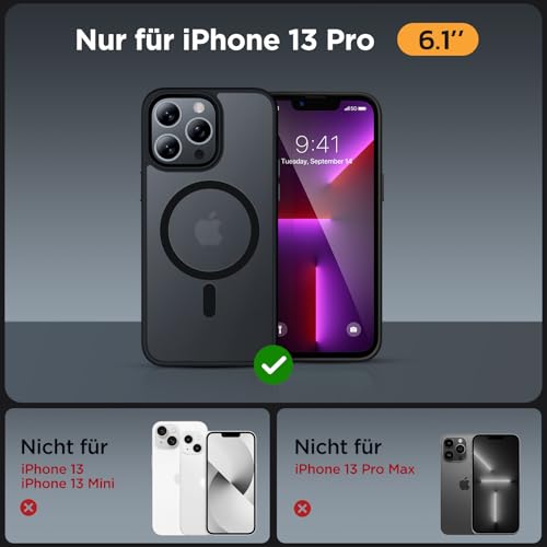 Miracase Case for iPhone 13 Pro with Magsafe & 9H+ Tempered Glass, Black | Top military protection and magnetic force: shockproof, scratch-resistant with velvety feel, durable mobile phone case for
