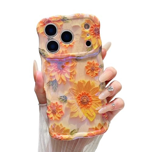 XIZYO Case for iPhone 17 Pro, Colorful Retro Oil Painting Flower Cute Floral Aesthetic Curly Wave Frame Laser Glossy Reflective Exquisite Stylish Protective Cover Women Girls-Sunflower/Yellow