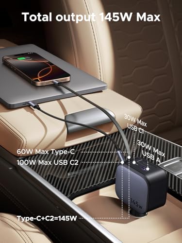 UGREEN 145W 4-Port Retractable Car Charger, 3C1A USB C Fast Charger with 60W Retractable Cable, Cigarette Lighter Adapter Compatible with MacBook Pro, iPhone 17/16, Galaxy S25/S24 Ultra, iPad, Laptop