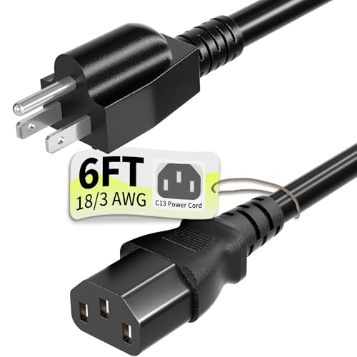 3 Prong AC Power Cord Cable 6ft 10 Amps 125 Volts 18AWG, NEMA 5-15P to C13, Black PC Power Cable for TV, Computer, Monitor, Printer, PlayStation, HP, Dell, Lenovo, Apple, Asus-ETL Listed