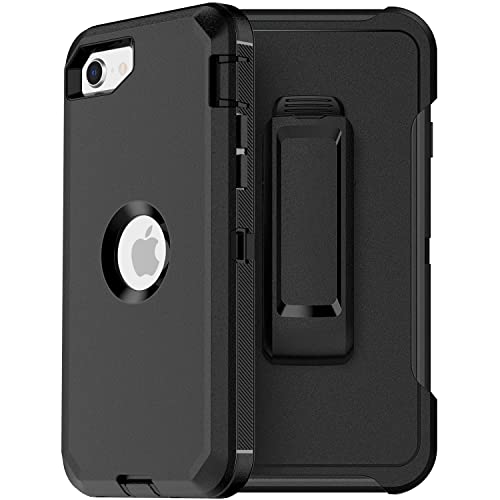 MXX Case Designed for iPhone SE 2020 / SE 2022 Heavy Duty Protective Case with Screen Protector [3 Layers] Rugged Rubber Shockproof Protection Cover & Rotating 360 Degree Belt Clip (Black)
