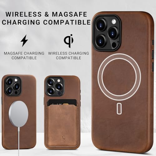 Belemay Compatible with iPhone 15 Pro Leather Case Magsafe - Top Grain Vintage Crazy Horse Leather - Metal Buttons & Camera Bezel Bump - Slim Fit & Soft - Premium Phone Cover (6.1-inch) Retro Brown