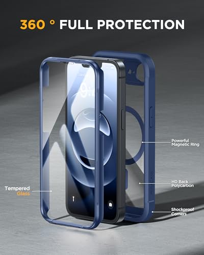 Miracase for iPhone 17e Case & iPhone 16e Case, Full-Body Phone with Built-in Glass Screen Protector, [Magnetic with MagSafe] Military Drop Proof 17 E/ 16 E Cover Bumper 6.1 inch, Blue