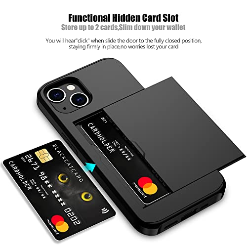 Nvollnoe Compatible with iPhone 15 Case with Card Holder Heavy Duty Protective Dual Layer Shockproof Hidden Card Slot Slim Wallet Phone Cover for Women&Men 6.1 inch(Black)